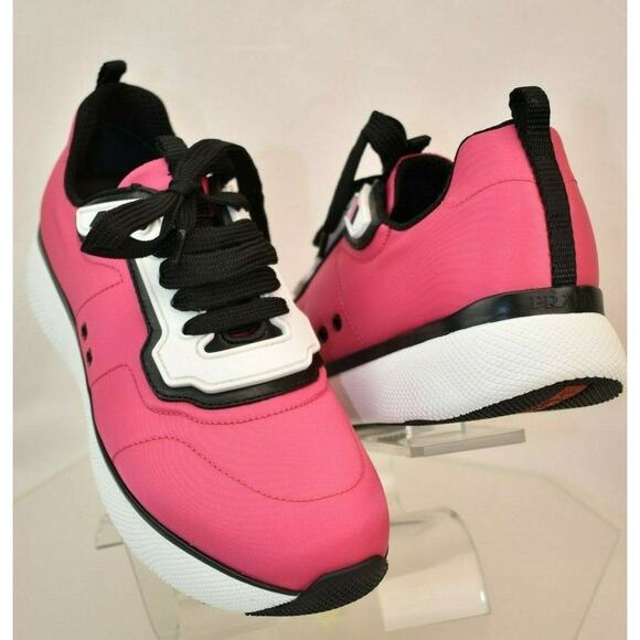 NIB PRADA 3E6321 WOMEN PINK NYLON LACE UP LOGO LOW TOP PLATFORM SNEAKERS 40 - Picture 6 of 12